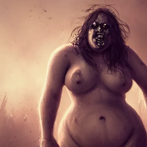 Prompt: angry extremely fat obese giant zombie female, full body portrait, with clothese, horror core, apocalyptic, feeling of grimdark, sharp focus, fiction, hyper detailed, digital art, trending in artstation, cinematic lighting, studio quality, smooth render, unreal engine 5 rendered, octane rendered, art style and nixeu and wlop and krenz cushart