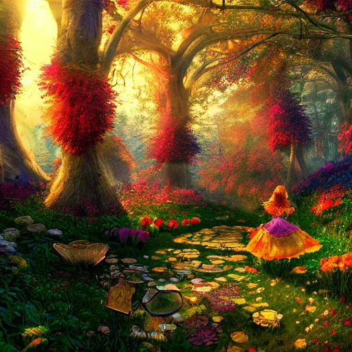 Image similar to alice in wonderland type of scenery. Vivid clolors. Computer art. Artstation. High resolution. 4k. - h 1200