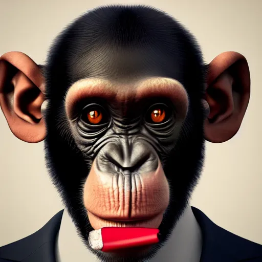 Image similar to a high detail closeup shot of a chimp wearing a suit 👔,and smoking a cigarrette🚬, cgcosiety, artstation, unreal engine, realism