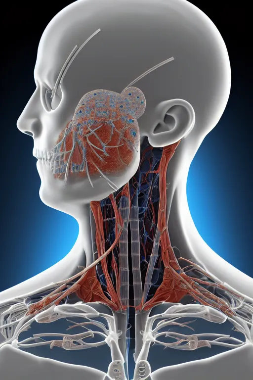 Prompt: 3D render of a rugged profile face portrait of a male cyborg, as medical drawing, inset xray cross-section, neon lenses for eyes, Mandelbrot fractal, titanium skeleton, anatomical, flesh, facial muscles, wires, microchips, electronics, veins, arteries, glowing, full frame, microscopic, elegant, highly detailed, flesh ornate, elegant, high fashion, rim light, octane render in the style of H.R. Giger and Bouguereau