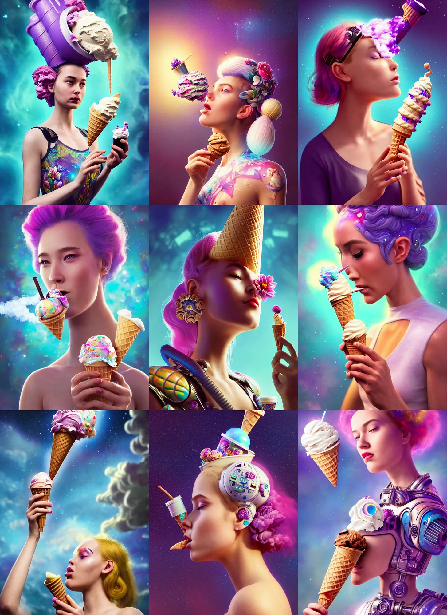 Prompt: polished lush galactic ornate floral edm cyborg girl smoking an ice cream cone : : weta disney pixar movie still photo : : hi - fructose, sci fi, decadent highly - detailed digital painting, golden ratio, octane render, artstation, smooth, sharp focus, beeple, artgerm mucha, loish, wlop : :