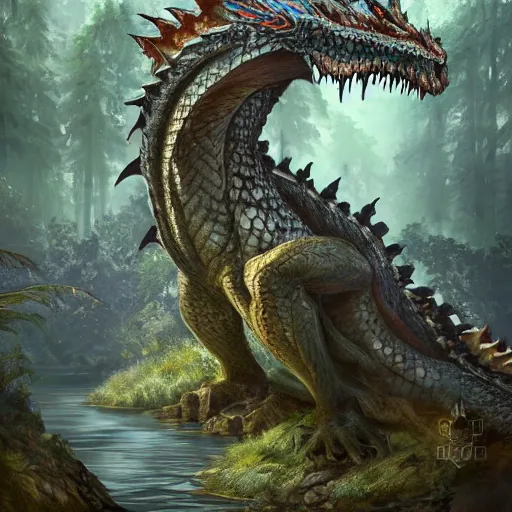 Image similar to a gargantuan dragon idly standing in a forest, peacefully drinking river water, intricately defined, complexly detailed, robustly ordinated, artist concept art, artist interpretation, trending on artstation, digital art, 4 k quality