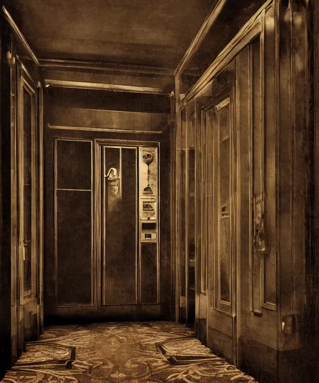 Image similar to horrifying full color photorealistic image a 1 9 2 5 hotel elevator lobby, with a screaming bellhop embedded in the wall, dark, atmospheric, brooding, smooth, finely detailed, cinematic, epic, in the style of lee gibbons