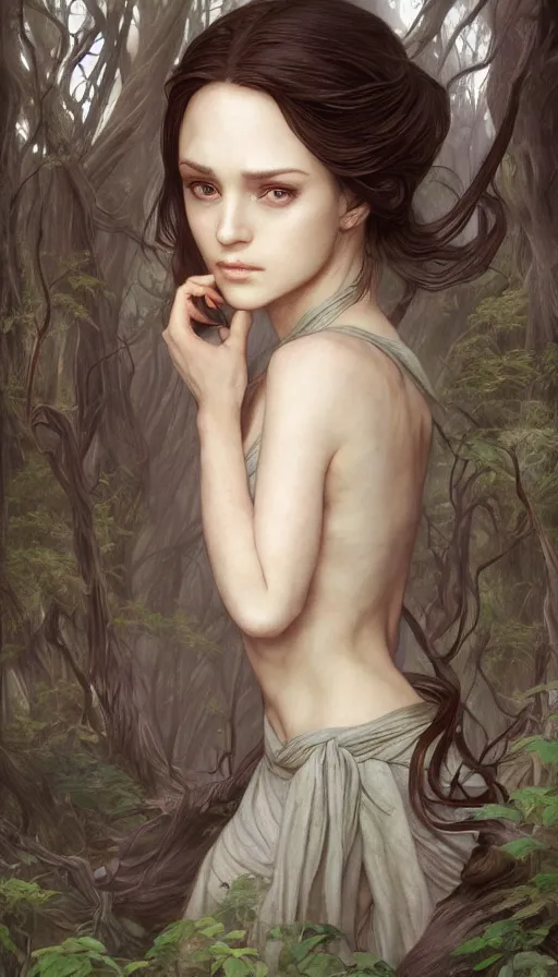 Image similar to fragile sad elvish lady in forest, extremely beautiful, fit, pale, blach hair, warhammer, fame of thrones, lord of the rings, sweaty, intricate, highly detailed, digital painting, artstation, concept art, smooth, sharp focus, illustration, unreal engine 5, 8 k, art by artgerm and greg rutkowski and alphonse mucha