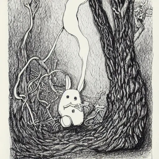 Image similar to a pen and ink drawing of a deep dark tangled forest, a white rabbit smoking a cigarette while reclining, a lingering smoke cloud, childrens illustration, by edward gorey, by gustav dore