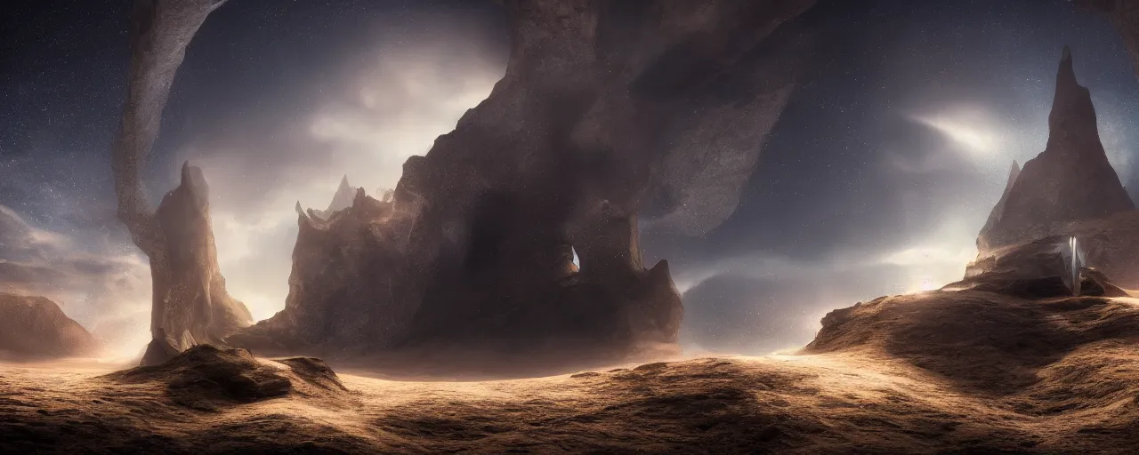 Image similar to improbability, fantasy landscape, door portal, cinematic, low angle, galaxies in the sky, octane render
