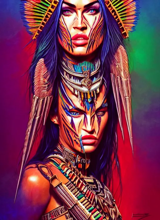 Image similar to portrait of megan fox, hyper detailed ultra sharp aztec shaman warrior. trending on artstation, warpaint aesthetic, bloodwave, colorful, psychedelic, ornate, intricate, digital painting, concept art, smooth, sharp focus, illustration, art by artgerm and greg rutkowski and h. r. giger, 8 k