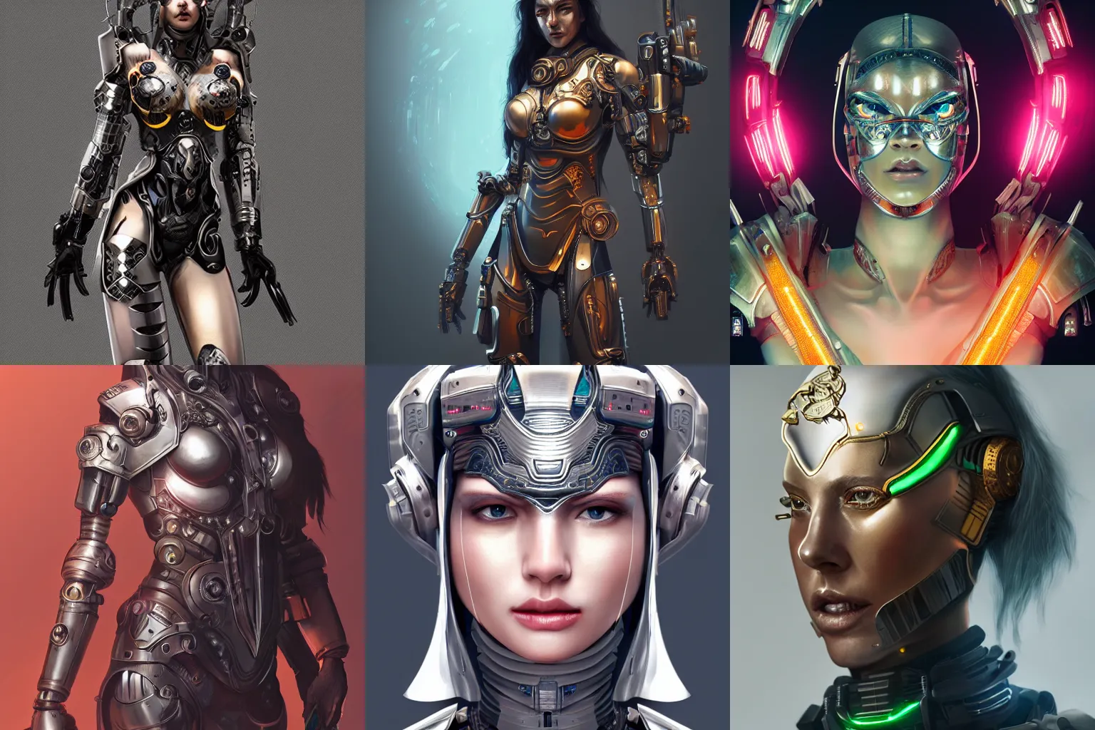 Prompt: a portrait of a cyborg woman wearing ornate skimpy armor, photoshop, artstation, cyberpunk, Bo Xun Ling, Evan Lee, Xintong Chen