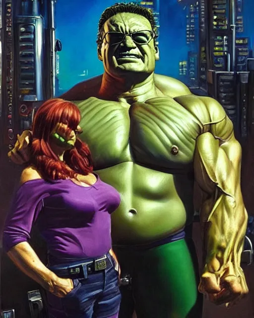 Image similar to hyperrealistic oil painting of cyberpunk mechanical hulk as stan lee, stan lee as a muscular hulk