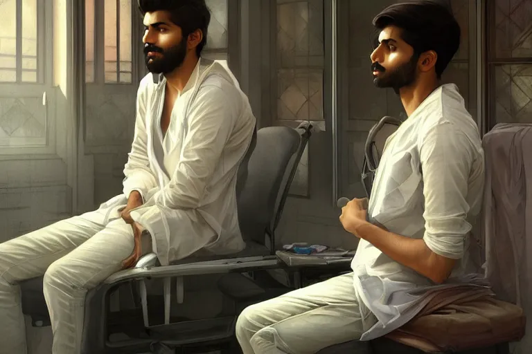 Image similar to Anxious good looking pale young Indian doctors wearing jeans inside a hospital, portrait, elegant, intricate, digital painting, artstation, concept art, smooth, sharp focus, illustration, art by artgerm and greg rutkowski and alphonse mucha