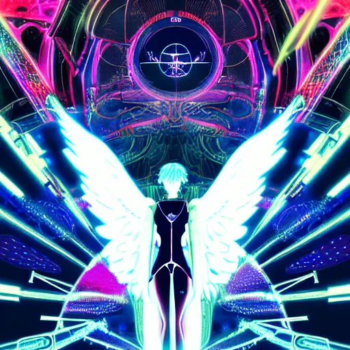 Prompt: white arc - angel with mystic robotic wings, blade runner, akira, ghost in the shell, style of laurie greasley and satoshi kon + symmetric lights and smoke, psychedelic effects, glowing particles, neon rain, glowing runes, de - noise, symmetrical composition, high detailed + tarot card, ornate border, 8 k