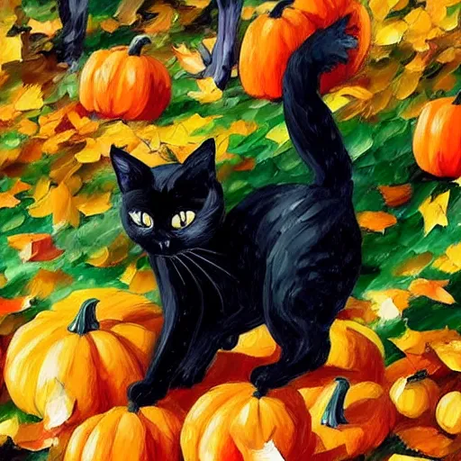 Prompt: black cat with arched back standing on halloween pumpkins in a pile of autumn leaves detailed painting in the style of leonid afremov 4 k