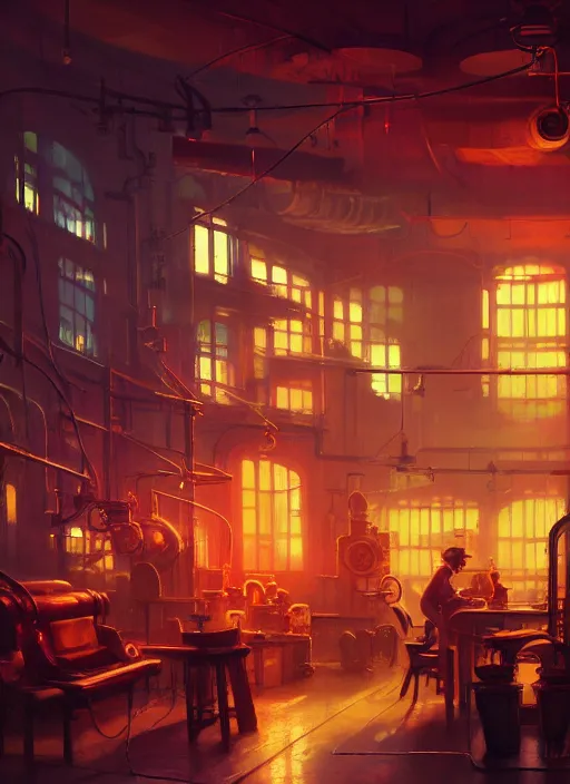 Prompt: beautiful interior of a small steampunk factory, vibrant colors, delphin enjolras, goro fujita, makoto shinkai, paul lehr, exquisite lighting, octane render, very coherent, trending on artstation