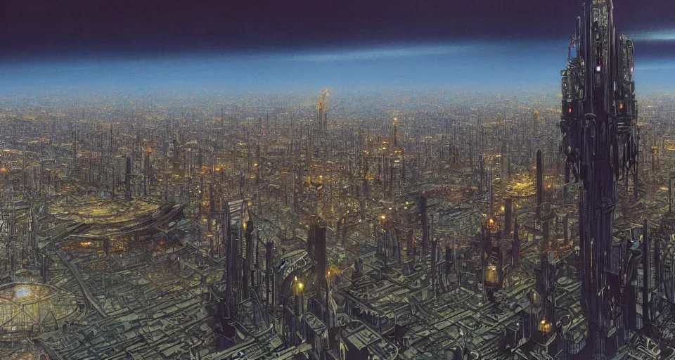 Prompt: view on futuristic city in the horizon, illustration by les edwards, detailed, sharp, masterpiece, 8 k