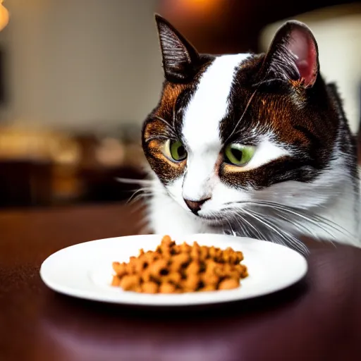 Image similar to A photo of a cat wearing a suit sitting in a fancy and expensive gourmet restaurant and eating a plate of cat food. f/2.8, dim lighting, award winning photo