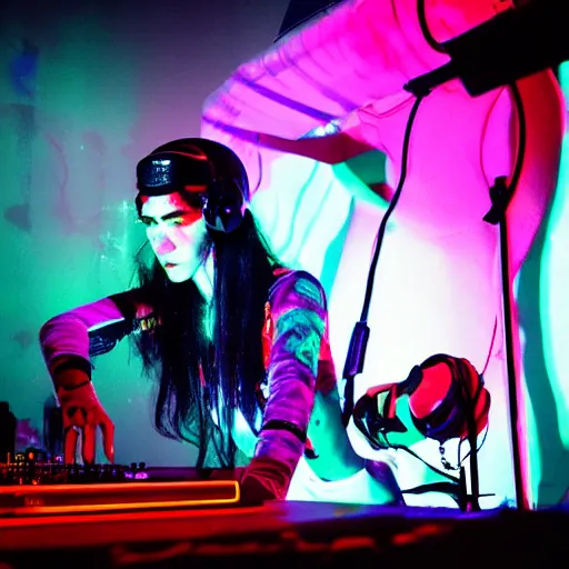 Image similar to grimes on stage djing, volumetric neon lights in the background, gleaming, 3 5 mm photography, portrait!!!!!!