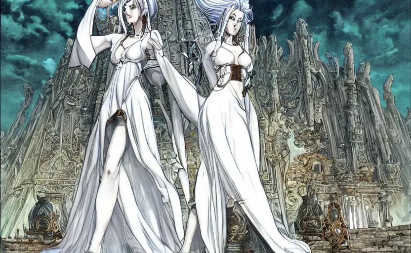 Image similar to A white priestess is conjuring a spell inside the ancient and mythical temple. By Masamune shirow