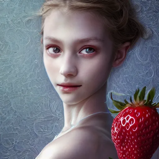 Prompt: the portrait of an absurdly beautiful, graceful, elegant, sophisticated, fashionable skinny little girl made of strawberries and white petals looking down, an ultrafine hyperdetailed illustration by kim jung gi, irakli nadar, intricate linework, bright colors, octopath traveler, final fantasy, unreal engine 5 highly rendered, global illumination, radiant light, detailed and intricate environment