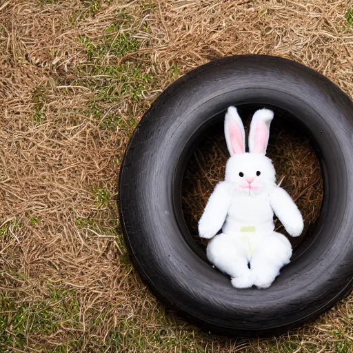 Prompt: easter bunny sitting in a tire, studio photo, high quality