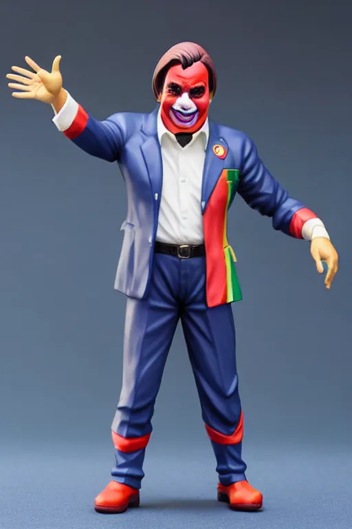 Image similar to still high quality figurine of president bolsonaro as a clown, tsurime eyes, tareme eyes, personification, dynamic pose, detailed product photo, featured on amiami, tone mapped, beautiful composition, 8 5 mm, f. 1 4