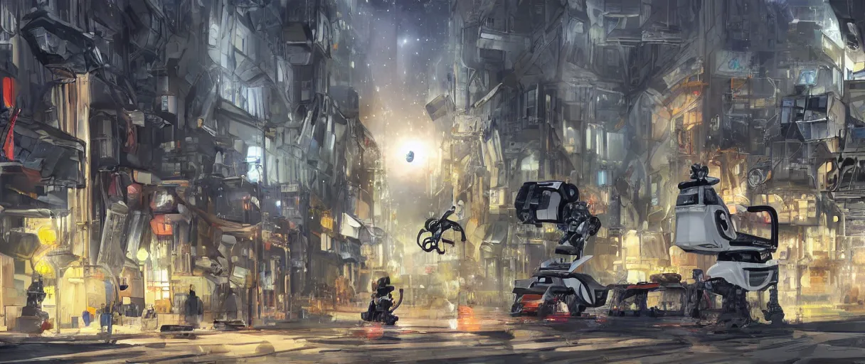 Image similar to concept art of one rescue robot, disaster in the city, night, shinji aramaki