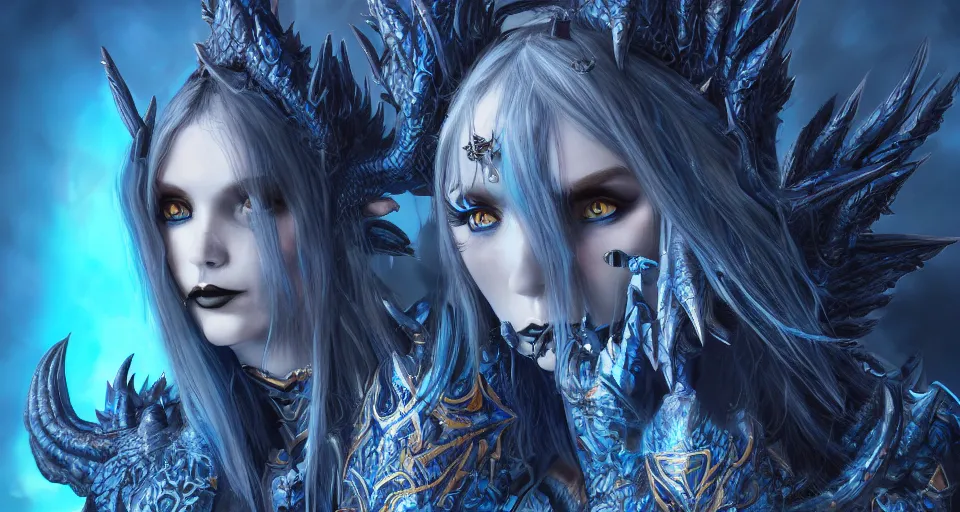 Image similar to Gothic elf princess in dark and blue dragon armor, hyperdetailed, artstation, cgsociety, golden hour 8k