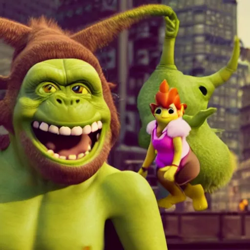 Image similar to emma watson godzilla yoda donkey kong pikachu yeti shrek super mario homer groot waluigi darth vader mike wazowski, highly detailed, extremely high quality, hd, 4 k, 8 k, professional photographer, 4 0 mp, lifelike, top - rated, award winning, cinematic, realistic, detailed lighting, detailed shadows, sharp, no blur, edited, corrected, trending