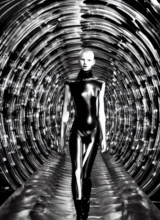 Prompt: walking down the catwalk, ben watts, show, stage, vogue photo, podium, fashion show photo, iris van herpen, beautiful woman, full body shot, helmet on face, masterpiece, plant predator, giger, guyver, jellyfish, biomechanical details, movie still, fauvism, cinestill, bokeh, gelios lens