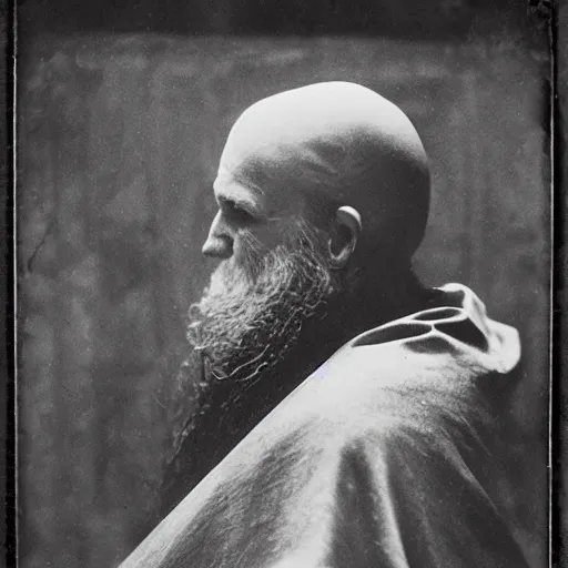 Image similar to medieval abbot, medieval monastery, hallowed halls, tintype photograph, 1100 AD photography, medieval Italy