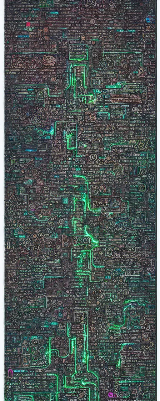 Image similar to a cyberpunk parchment with sketches and matrix rain, ancient text, neon, fractals, recursive, magic, technological, cyberpunk, lovecraft
