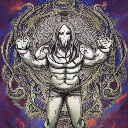 Image similar to 4 k headshot of godlike cthulhu with defined arms and open hands and bloody clothes with giant mandala wings, intricate face, flawless anime cel animation by kentaro miura, psychedelic, highly detailed upper body, professionally post - processed, beautiful, scary, symmetry accurate features, epic, octane rendered, anime masterpiece, accurate