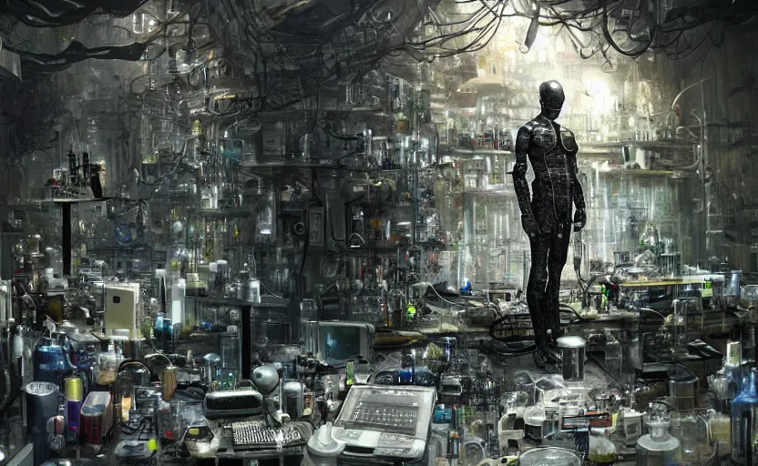 Image similar to a man made entirely of computers fused with his surroundings in a laboratory in the style of Greg rutkowski