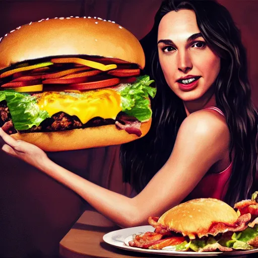 Prompt: portrait photography of Gal Gadot eating a giant hamburger, extra ketchup and mustard with overflowing bacon lettuce and tomato, cinematic lighting, highly detailed, feminine ethereal, D&D, hearthstone, digital painting, artstation, concept art, smooth, sharp focus, illustration, art by Terry Moore and Greg Rutkowski and Alphonse Mucha