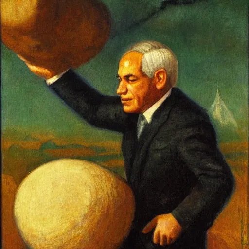 Prompt: a painting of benjamin netanyahu as sisyphus, carrying large boulder on shoulders, by franz stuck