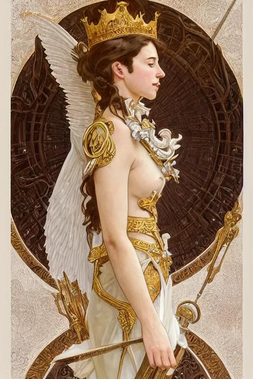 Image similar to full body portrait of a queen wearing white armor with ornate bronze and gold, white gossamer wings, art nouveau, profile, 4K, character concept art, oil painting, trending in artstation, cgsociety, by nekro, Alphonse Mucha, Artgerm, William-Adolphe Bouguereau, Greg Rutkowski