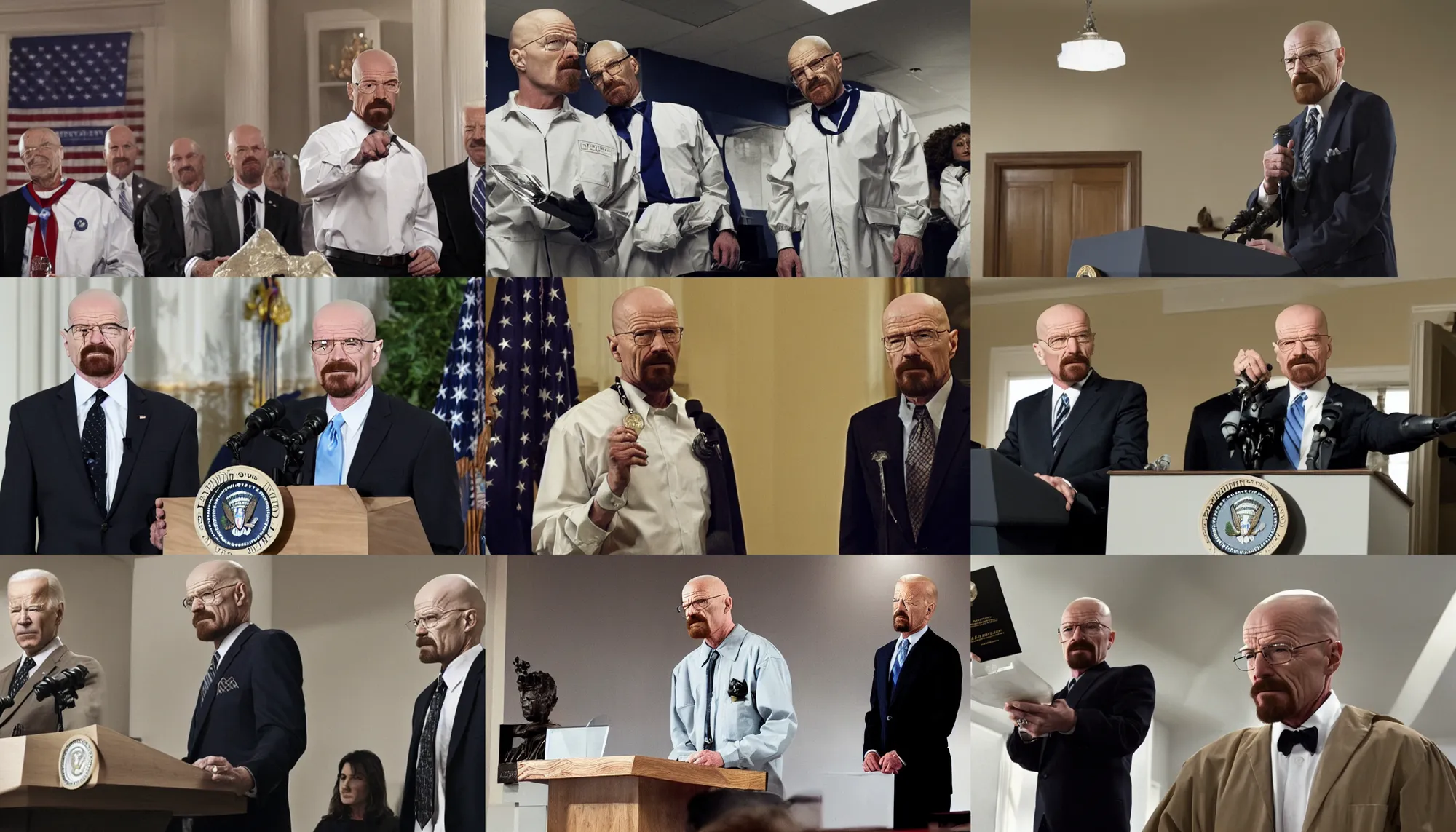 Prompt: Walter White gives a speech after being awarded the Presidential Medal of Freedom by Joe Biden in Breaking Bad