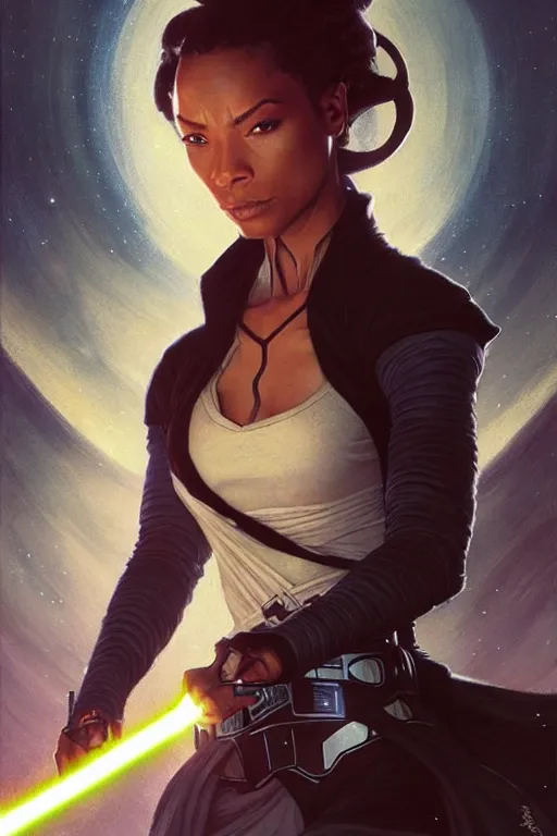 Image similar to star wars jedi master normani as aeon flux profile picture by Greg Rutkowski, dynamic pose, intricate, futuristic, fantasy, elegant, by Stanley Artgerm Lau, greg rutkowski, thomas kindkade, alphonse mucha, loish, norman Rockwell,