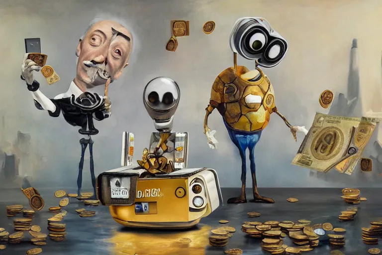 Image similar to Salvador Dali, WALL-E and Elon Musk counting money and holding keys, oil on canvas, artstation, portrait, masterpiece, aesthetic