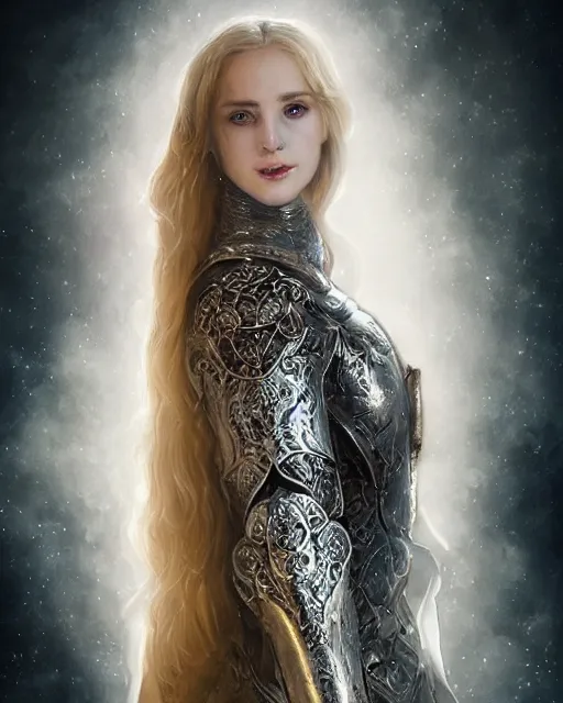 Image similar to a portrait of a muse of beauty, Elspeth Knight Errant, long flowing cape and cowl, silver and gold heavy armor, long magical staff with ruby gems, young female face, rune magic, cinematic top lighting, insanely detailed and intricate, face by wlop, Charlie Bowater, golden ratio, face close up, symmetric, elegant, ornate, luxury, elite, matte painting, MTG, magic the gathering, cinematic, cgsociety, 8k, high resolution, trending on artstation, deviantart and pinterest