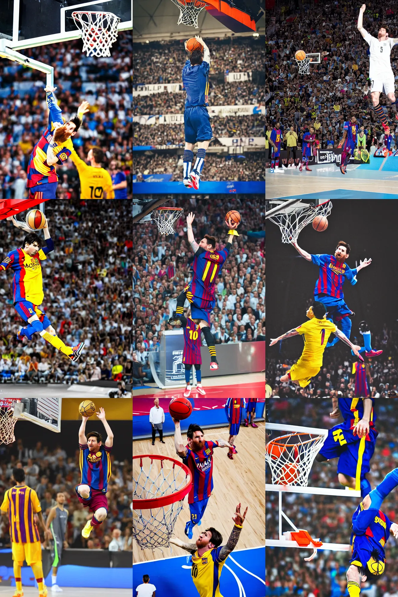 Prompt: lionel messi in a dunking contest, hanging from the rim, sports photography, 4 k, high quality