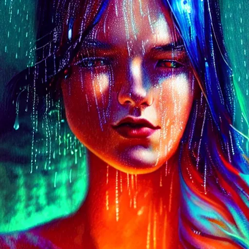 Image similar to bright asthetic portrait LSD glowing backlit rain on face and wet hair in strands, overhead lighting, fantasy, intricate, elegant, dramatic lighting, highly detailed, lifelike, photorealistic, digital painting, artstation, illustration, concept art, smooth, sharp focus, art by John Collier and Albert Aublet and Krenz Cushart and Artem Demura and Alphonse Mucha