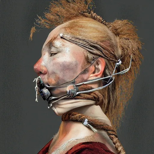 Image similar to portrait of a Shibari rope wrapped around the face and neck of an young female cyborg merchant, mouth wired shut, headshot, insanely nice professional hair style, dramatic hair color, digital painting, of a old 17th century, amber jewels, baroque, ornate clothing, scifi, realistic, hyper detailed, chiaroscuro, concept art, art by Franz Hals and Jon Foster and Ayami Kojima and Amano and Karol Bak,