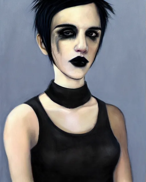 Prompt: A goth portrait painted by Dan Witz. Her hair is dark brown and cut into a short, messy pixie cut. She has a slightly rounded face, with a pointed chin, large entirely-black eyes, and a small nose. She is wearing a black tank top, a black leather jacket, a black knee-length skirt, a black choker, and black leather boots.