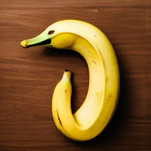 Prompt: Professional photograph of a peeled banana with small dot eyes and a duck beak. A banana duck. Banana that looks like a duck.