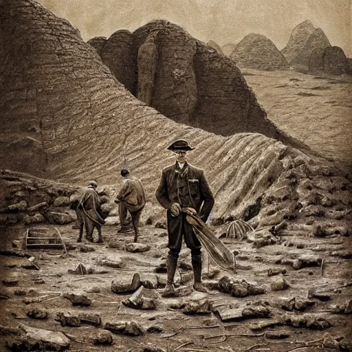 Image similar to ultra detailed photorealistic sepia - toned painting from 1 9 1 7, a british officer in field fear standing at an archaeological dig site in wadi rum, ultra realistic, painted, intricate details, lovecraft, atmospheric, dark, horror, brooding, highly detailed, by angus mcbride