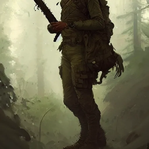 Prompt: male soldier in the forest, by Greg Rutkowski!!!, D&D, fantasy, intricate, elegant, highly detailed, digital painting, artstation, concept art, matte, sharp focus, illustration