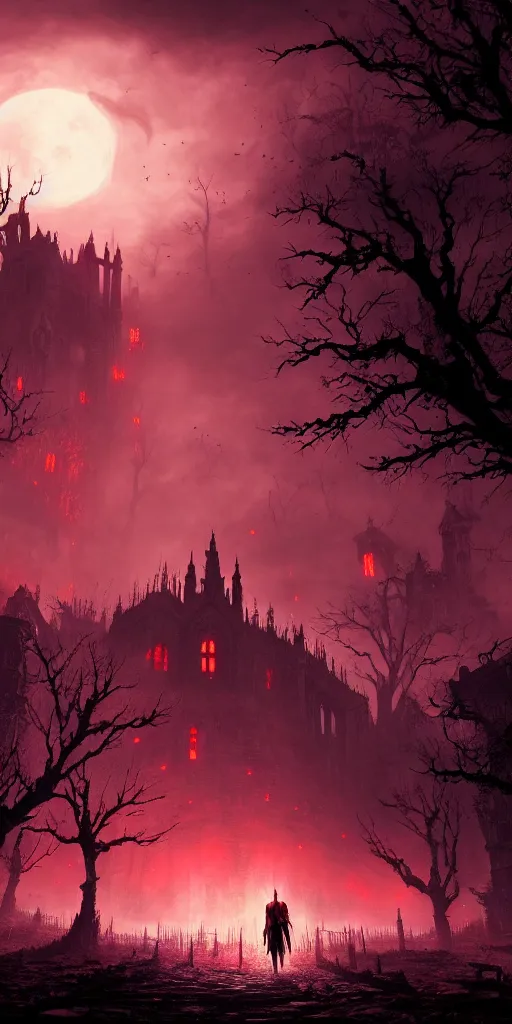 Image similar to abandoned bloodborne old valley with a person at the centre and a ruined gothic city at the emd, trees and stars in the background, bats in the sky, falling red petals, epic red - orange moonlight, perfect lightning, wallpaper illustration by niko delort and kentaro miura, 4 k, ultra realistic