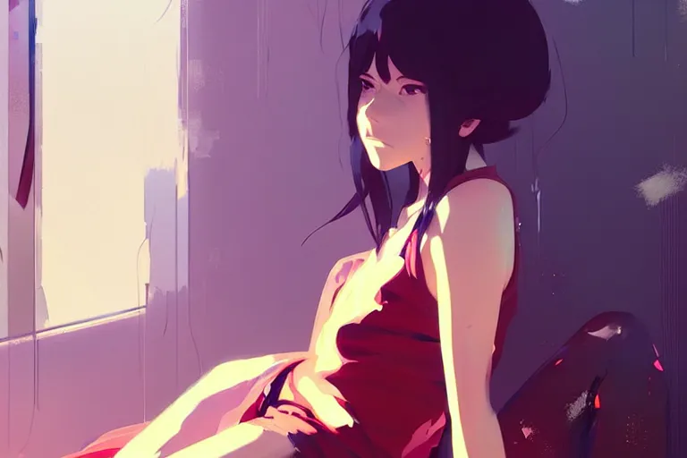 Image similar to a ultradetailed beautiful panting of a stylish woman sitting in a messy apartment, by makoto shinkai, conrad roset and greg rutkowski, trending on artstation