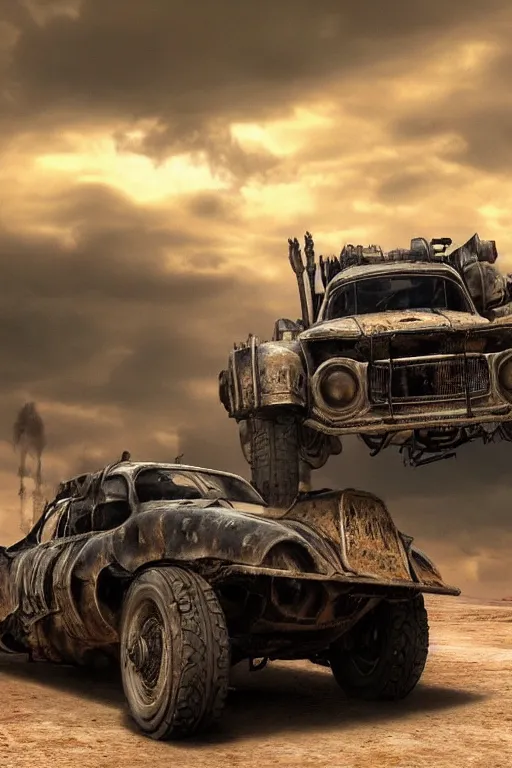 Prompt: ultra realist 3d soft paint of a gothic four wheel vehicle fully armored, Mad Max and Fallout, symmetry accurate features, very intricate details, ominous sky, volumetric light clouds, post apocalyptic background