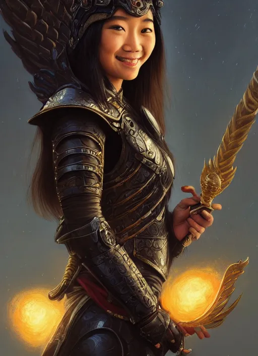 Prompt: Close-up portrait of smiling young asian woman wearing a black armor with skulls and a winged helmet and, holding a magic staff, portrait, fireball, highly detailed, digital painting, artstation, concept art, sharp focus, illustration, art by artgerm and greg rutkowski and alphonse mucha